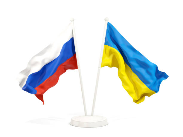 Two waving flags of Russia and ukraine isolated on white. 3D illustration